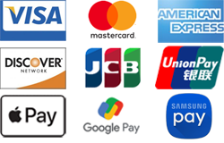 Image showing the logos of 9 accepted credit cards: Visa,Mastercard, American Express, Discover, JCB, UnionPay, ApplePay,Google Pay, and Samsung Pay.